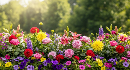 Vibrant floral arrangement with various colorful flowers in sunlightの写真素材