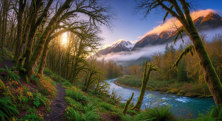 Lush forest with river and distant snow capped mountainsの写真素材