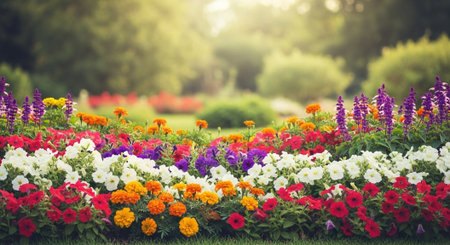 Vibrant flowerbed in full bloom garden, sunny day