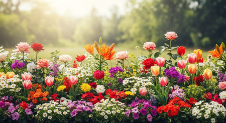 Abundant blooming flower bed with blurred natural green backgroundの写真素材