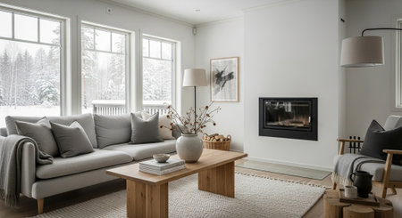 Scandinavian living room interior with neutral tones and fireplaceの写真素材