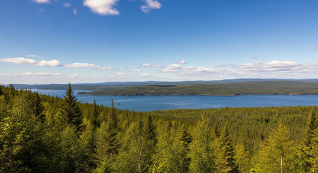 Forest and Lake Panoramic Landscape with Blue Sky Aboveの写真素材