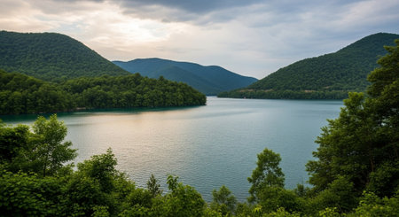 Scenic mountain lake view with lush green forestsの写真素材