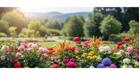 Colorful flowerbed in a bright sunny garden landscape sceneの写真素材