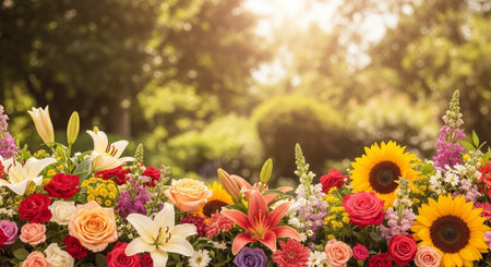 Floral arrangement with roses, lilies, sunflowers, and greeneryの写真素材