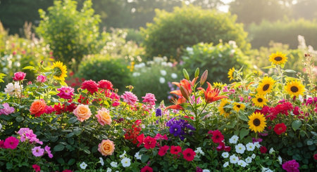 Vibrant flowerbed featuring diverse blooms in a lush gardenの写真素材