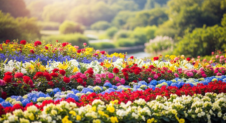 Vibrant flower bed in full bloom near a streamの写真素材