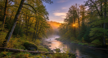 River winding through golden forest at sunrise with mistの写真素材