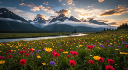 Mountain meadow with wildflowers at sunrise and flowing riverの写真素材