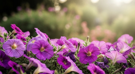 Purple petunia flowers in a garden with bokeh backgroundの写真素材
