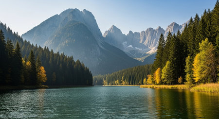 Scenic mountain lake landscape with evergreen forests and peaksの写真素材