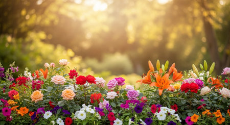 Vibrant blooming flower garden with soft sunny backgroundの写真素材