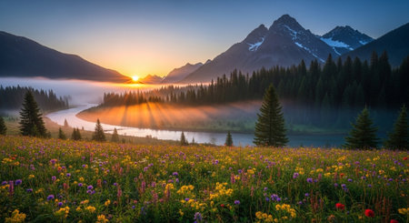 Tranquil mountain sunrise over a river and wildflower meadowの写真素材