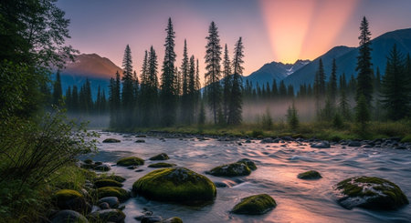 Scenic mountain river at dawn with sun rays peaking throughの写真素材