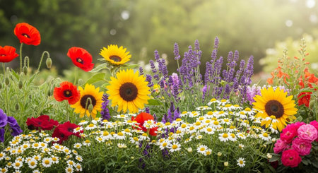 Vibrant flowerbed with sunflowers, poppies, lavender and daisiesの写真素材