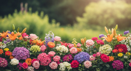 Beautiful floral arrangement with lilies, roses and hydrangeas on meadowの写真素材