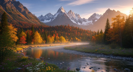 Scenic mountain river at sunrise flowing through autumn forestの写真素材