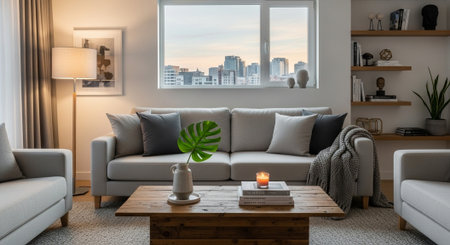 Modern living room showcasing city view and neutral decorの写真素材