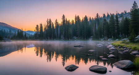 Serene mountain lake reflection at dawn with pine treesの写真素材