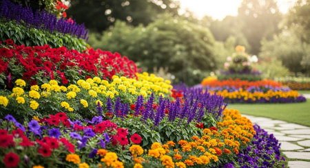 Lush colorful flowerbeds in garden landscape summertime sceneの写真素材