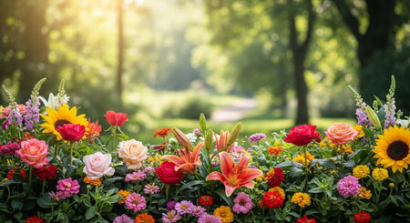 Colorful garden flowerbed with soft sunlight and blurred backgroundの写真素材