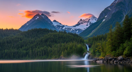 Scenic landscape of mountains, lake and forest at sunset