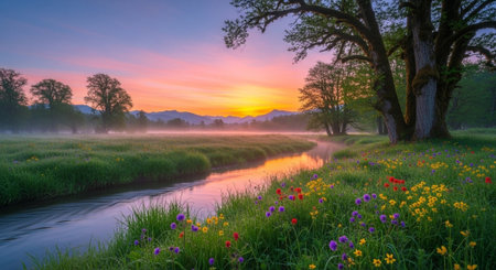 Tranquil sunrise illuminates river flowing through colorful meadowの写真素材