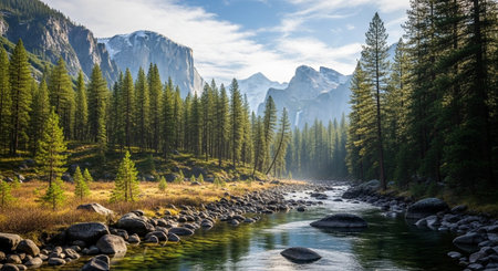 Yosemite valley landscape with river and mountain viewsの写真素材