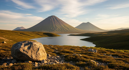 Scenic mountain landscape featuring a lake and foreground boulderの写真素材