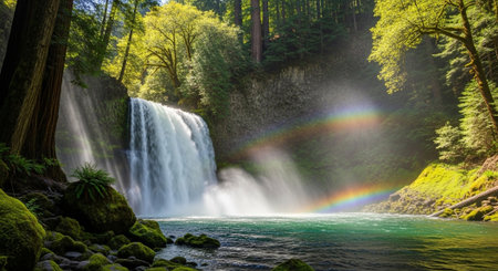 Majestic waterfall cascading into a vibrant pool with rainbowの写真素材