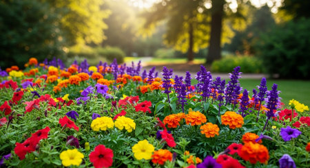 Colorful flower bed in a lush green gardenの写真素材