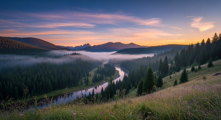 Scenic mountain river valley landscape at dawn or dusk