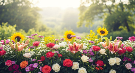 Blooming flowers in spring garden with sunlight backdropの写真素材