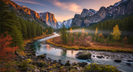 Yosemite Valley scenic landscape with Merced River at sunsetの写真素材
