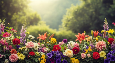 Colorful flower bed in full bloom, bright sunlit backdropの写真素材
