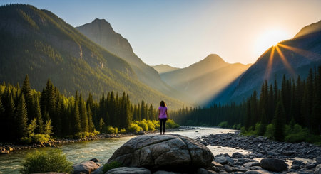 Woman gazing at mountain vista at golden hourの写真素材