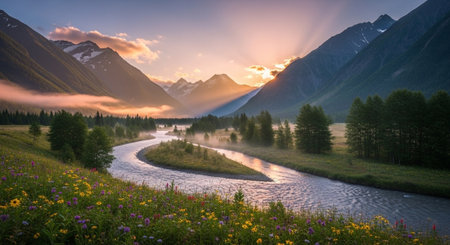 Scenic valley river winding through mountains at sunrise imageの写真素材