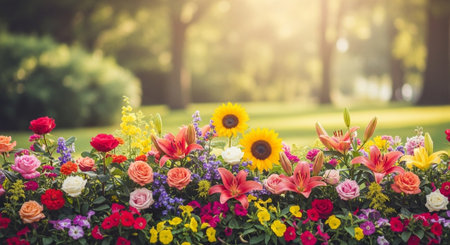 Lush flowerbed with sunflowers and roses in vibrant gardenの写真素材