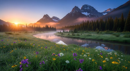 Idyllic mountain landscape with sunrise, river and wildflowersの写真素材
