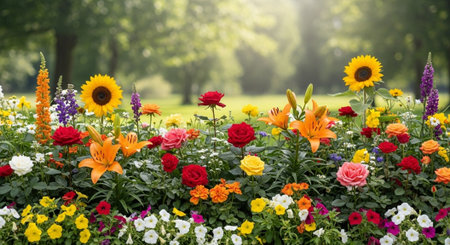 Vibrant flower bed bursting with color in a gardenの写真素材