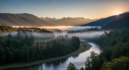 Sunrise over foggy river valley with mountain backdropの写真素材