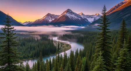 Majestic mountain range with winding river and evergreen trees
