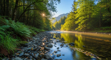 Peaceful river scene surrounded by lush green forest