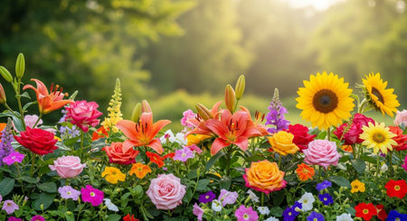 Vibrant floral display with lilies, roses, and sunflowersの写真素材