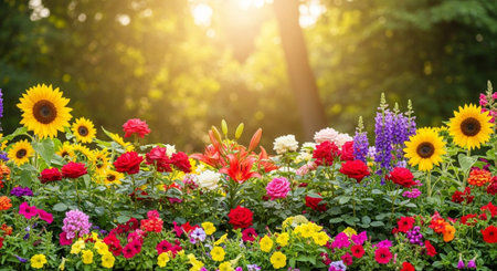 Bright floral display of sunflowers roses and lilies in gardenの写真素材