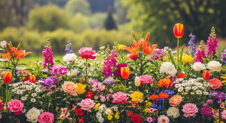 Vibrant assorted flower bed in full bloom outdoorsの写真素材