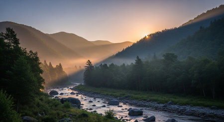 Serene mountain river landscape at sunrise with golden lightの写真素材