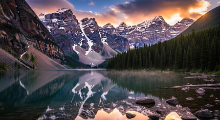 Majestic mountain peaks reflecting in tranquil lake at sunriseの写真素材