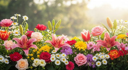 Colorful floral arrangement with roses, lilies, and daisiesの写真素材
