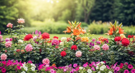 Lush garden with vibrant mix of roses and liliesの写真素材